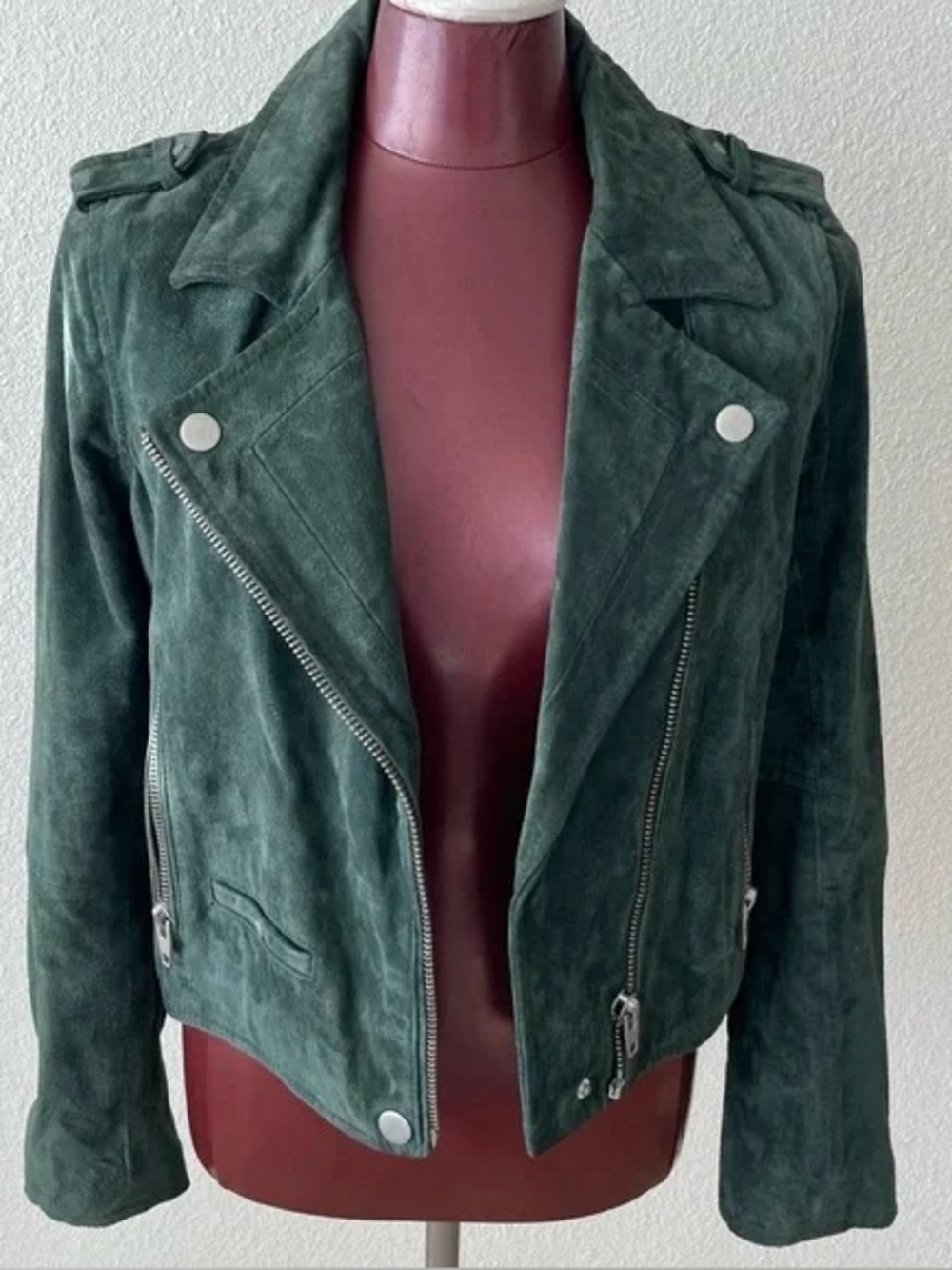Women's Forest Green Suede Moto Jacket with Silver Hardware